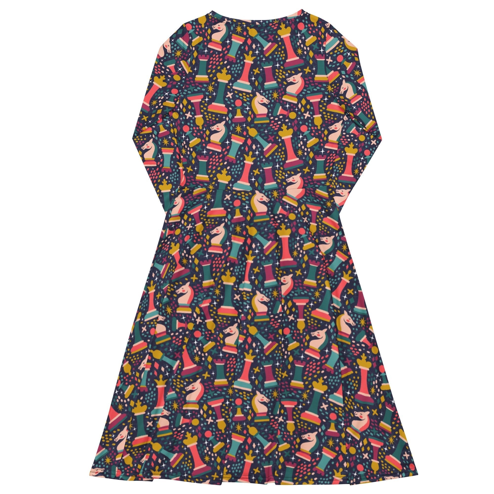 Chess Colorful Chess Pieces Blue Long Sleeve Midi Dress 8