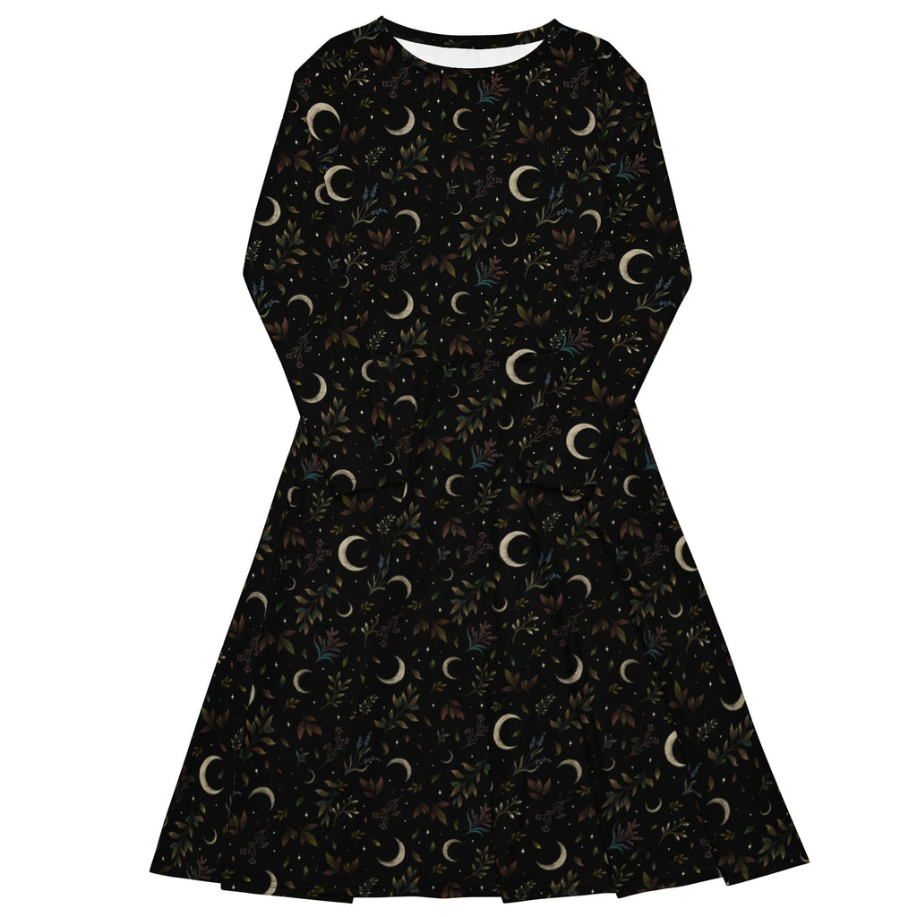 Nerdy Episodic Crescent Moon Garden Long Sleeve Midi Dress