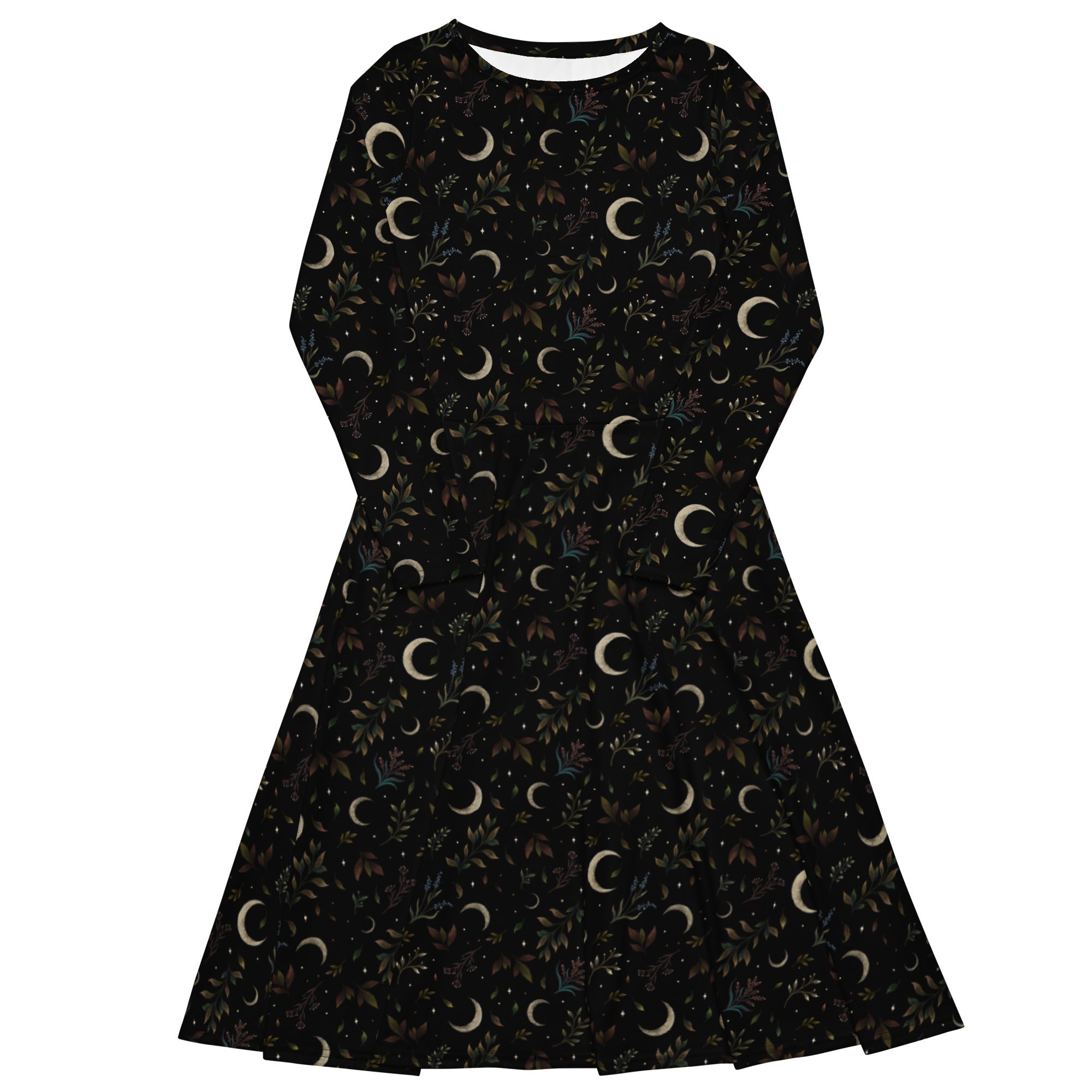 Nerdy Episodic Crescent Moon Garden Long Sleeve Midi Dress
