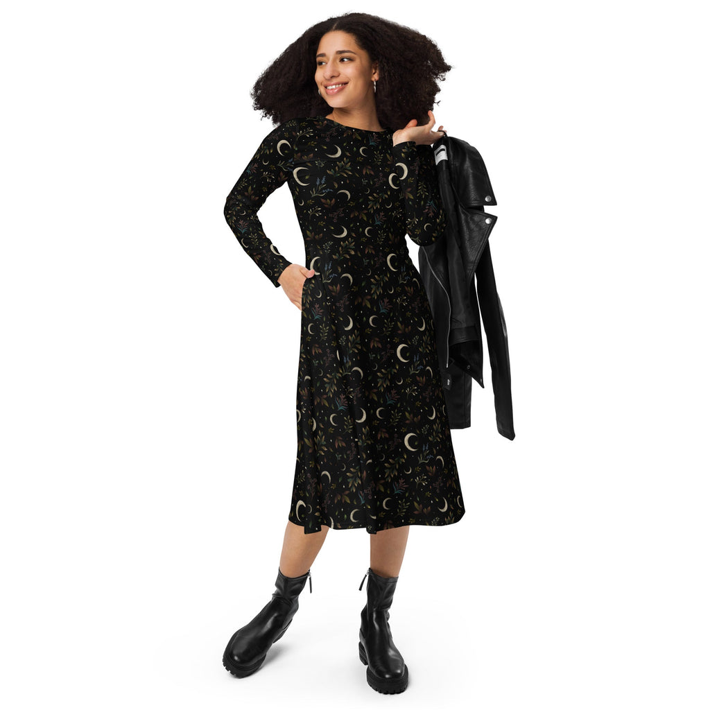 Nerdy Episodic Crescent Moon Garden Long Sleeve Midi Dress