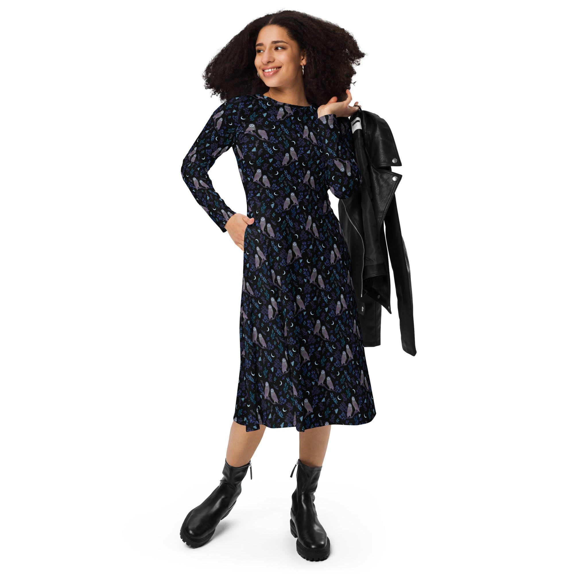Nerdy Episodic Owl Floral Long Sleeve Midi Dress
