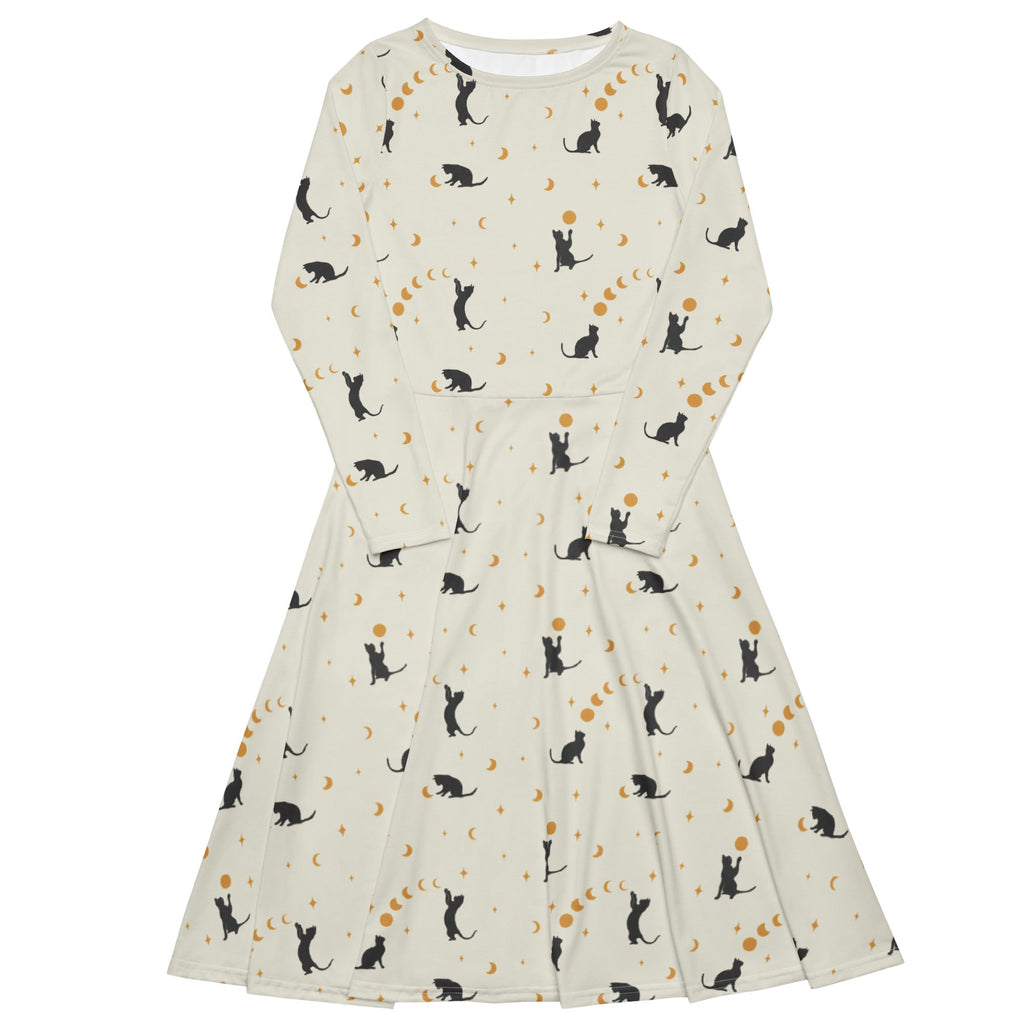 Nerdy Episodic Cat Catching the Moon Long Sleeve Midi Dress