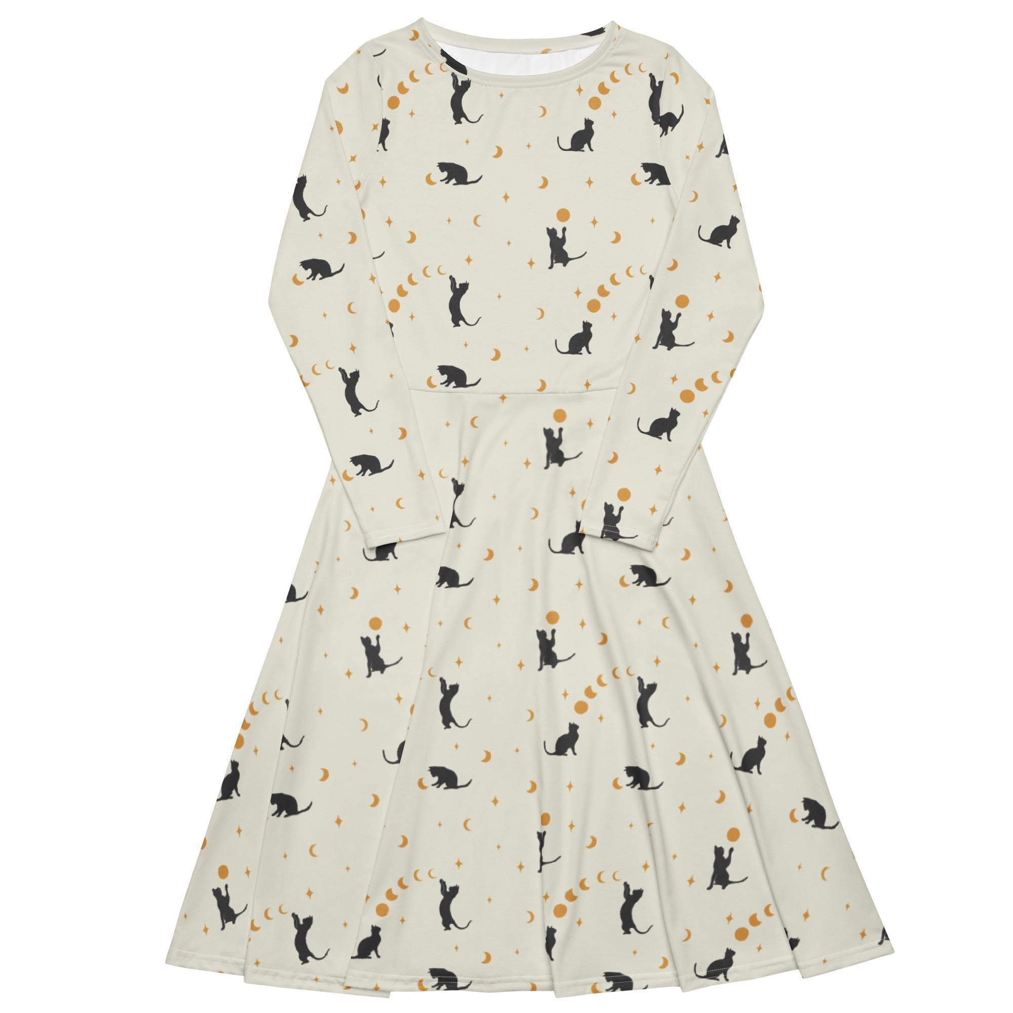 Nerdy Episodic Cat Catching the Moon Long Sleeve Midi Dress