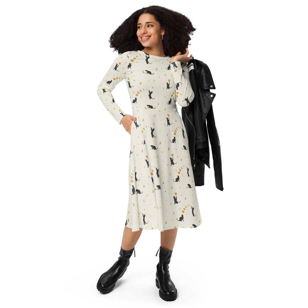 Nerdy Episodic Cat Catching the Moon Long Sleeve Midi Dress