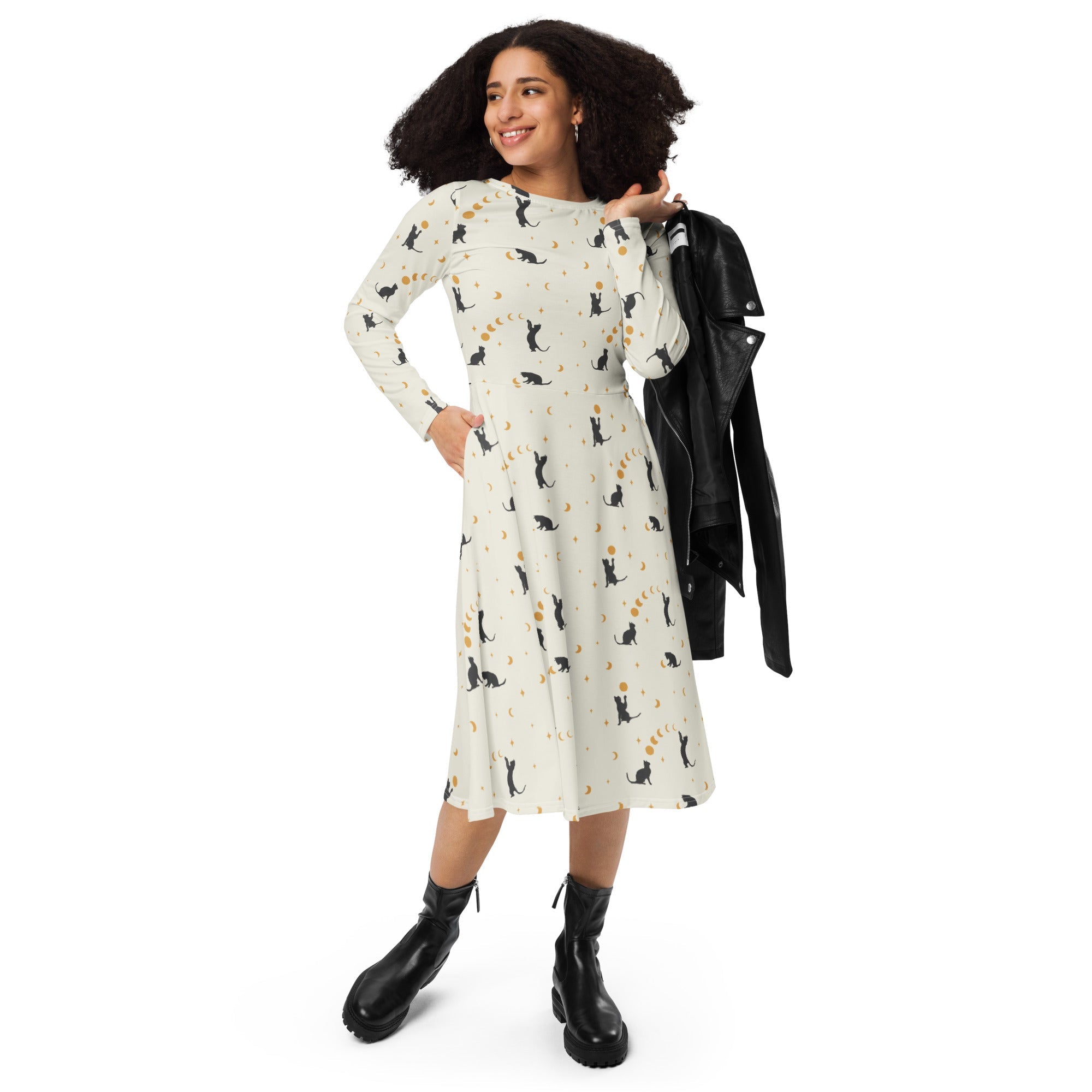 Nerdy Episodic Cat Catching the Moon Long Sleeve Midi Dress