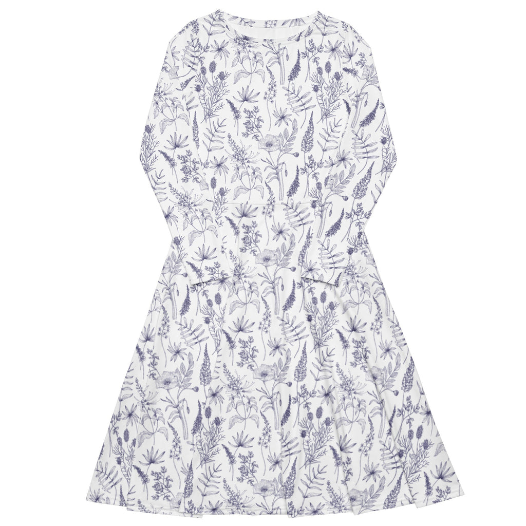 Nerdy Simple Botany Flowers Herbs White Blue Long Sleeve Midi Dress