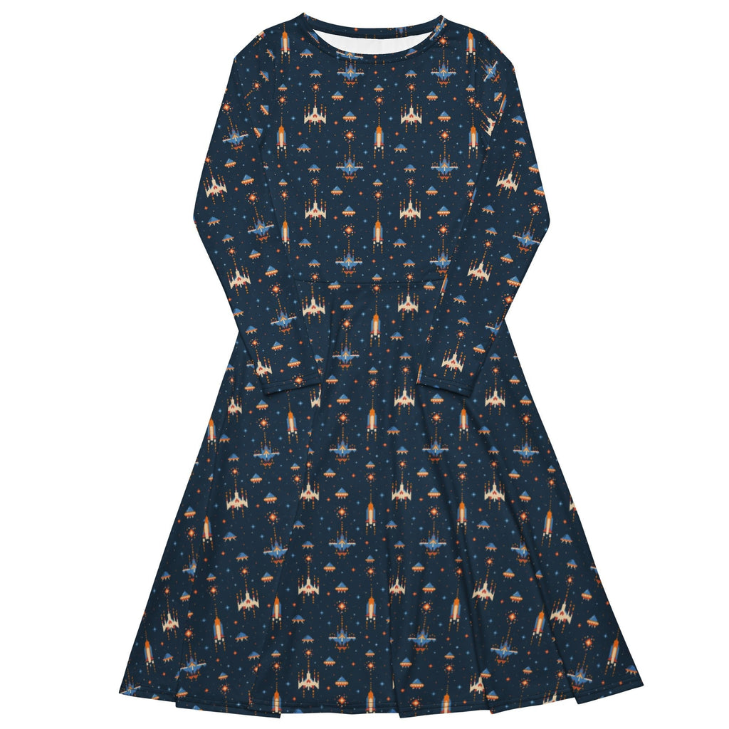 Nerdy Space Retro Arcade Long Sleeve Midi Dress