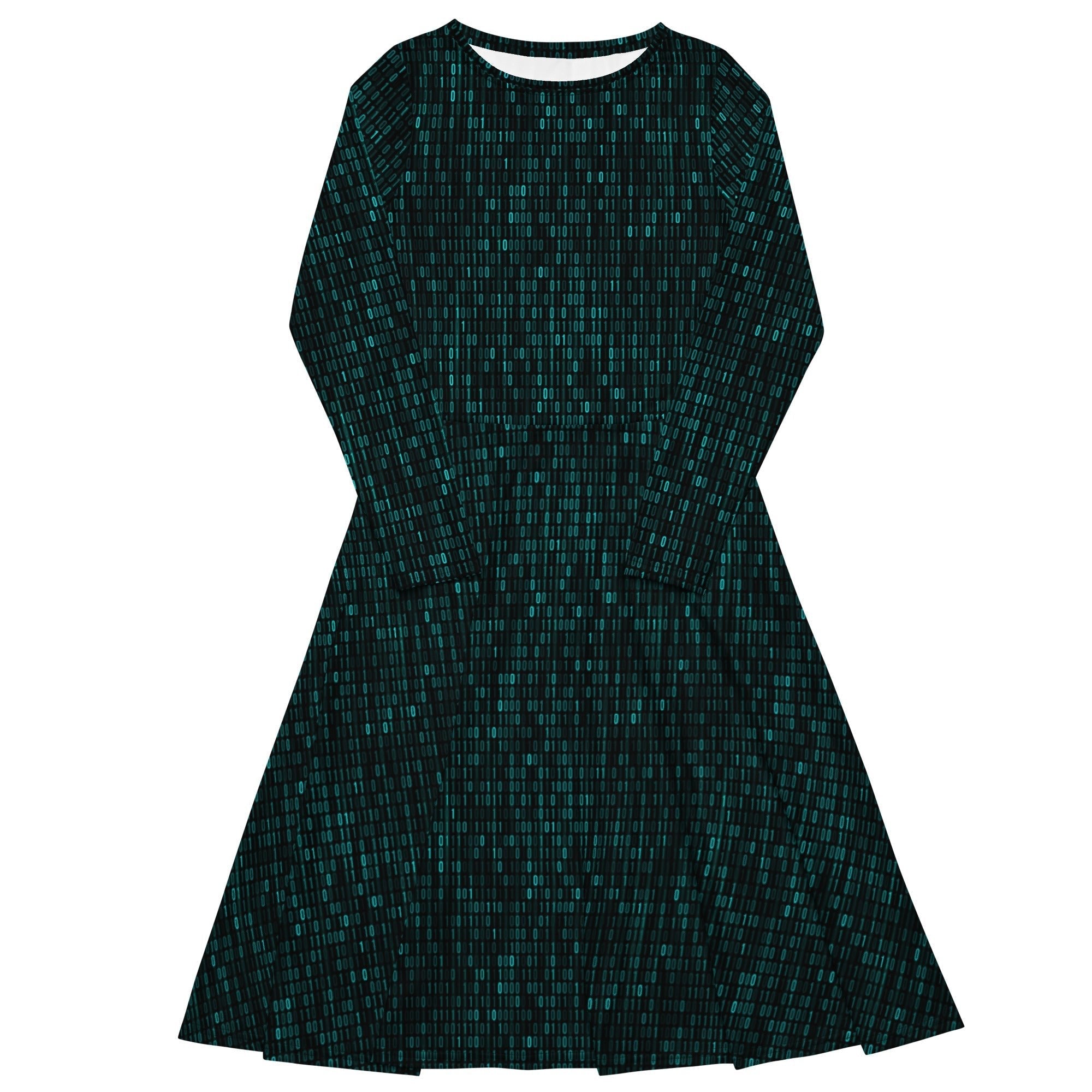 Nerdy Binary Computer 1s and 0s Teal Black Long Sleeve Midi Dress