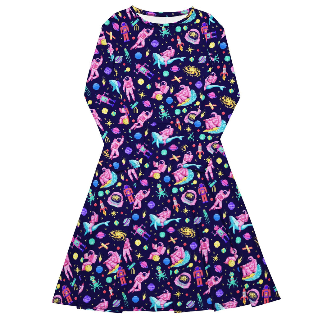 Nerdy Astronaut Pixels Outer Space Purple Blue Long Sleeve Midi Dress
