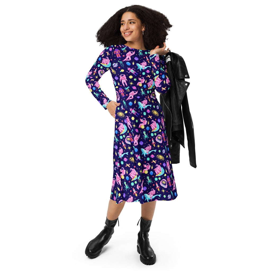 Nerdy Astronaut Pixels Outer Space Purple Blue Long Sleeve Midi Dress