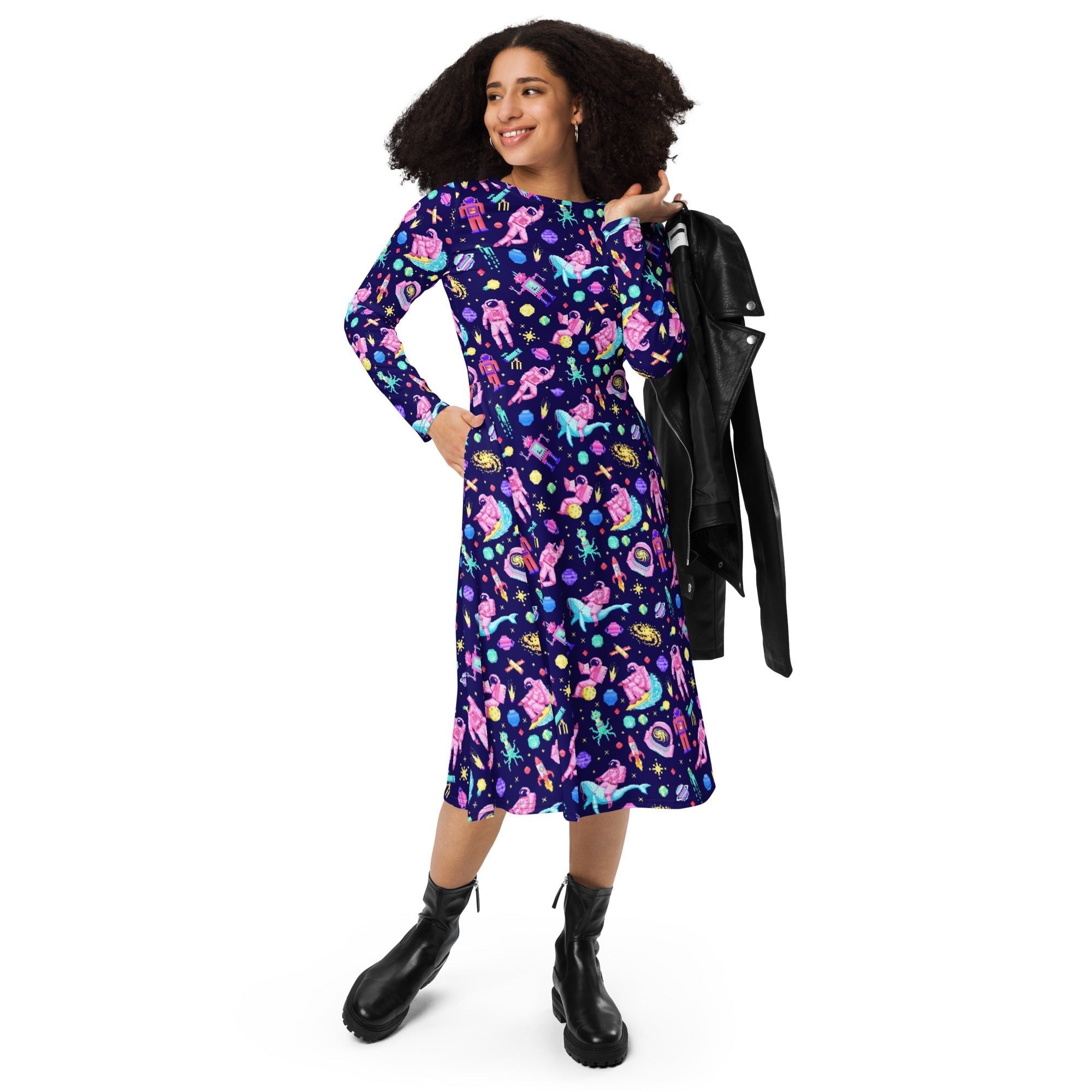 Nerdy Astronaut Pixels Outer Space Purple Blue Long Sleeve Midi Dress