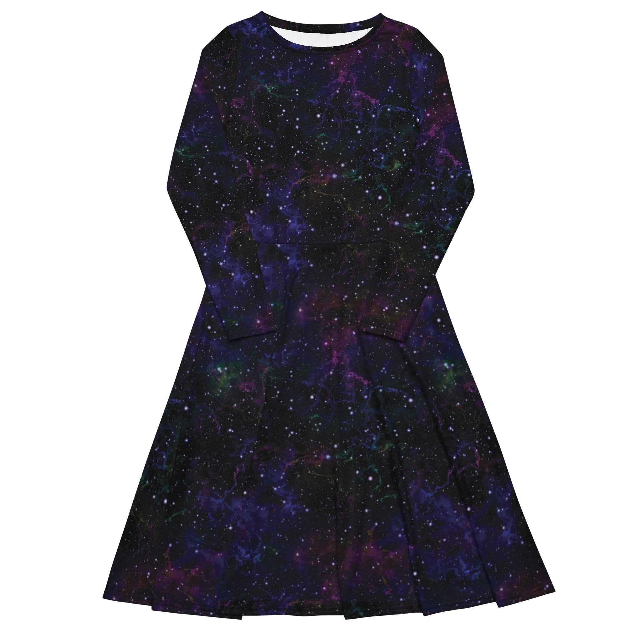 Nerdy Beautiful Nebula Outer Space Long Sleeve Midi Dress