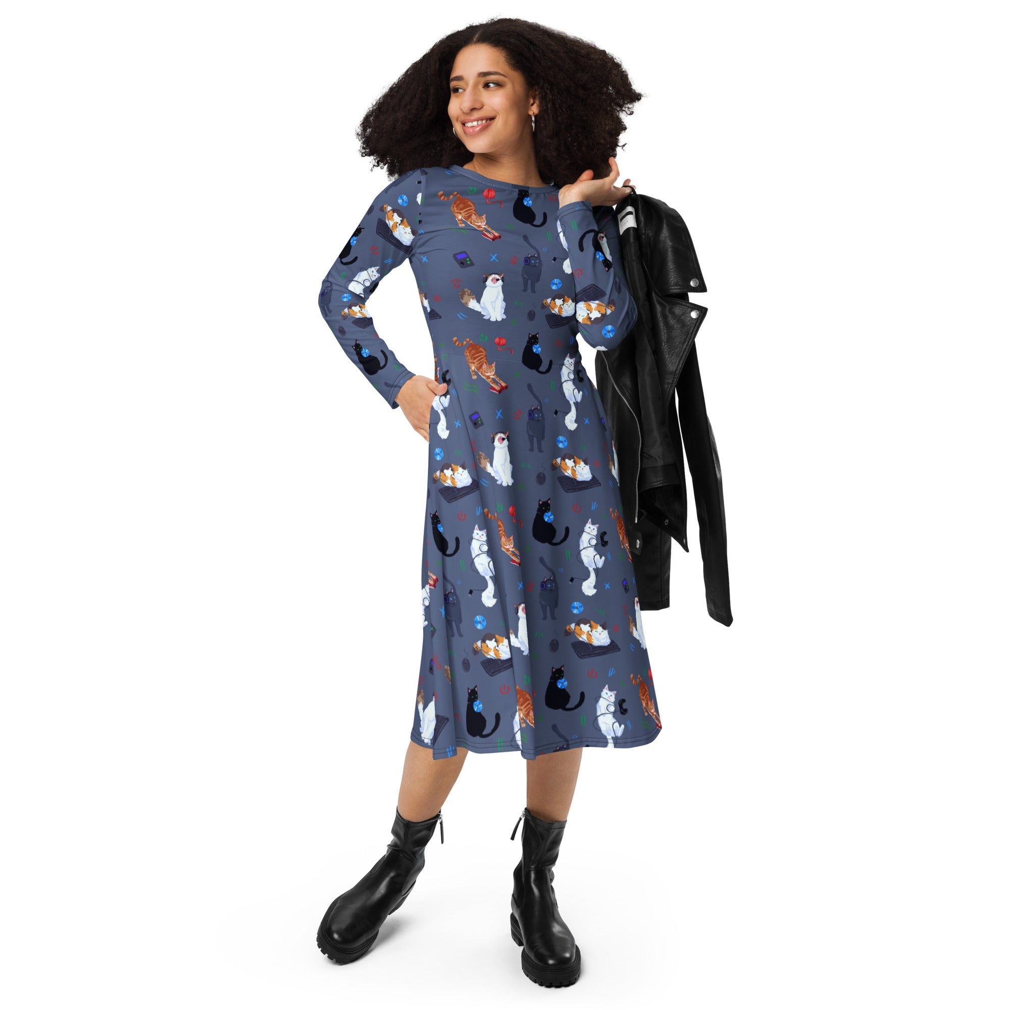 Nerdy Video Game Cats Light Long Sleeve Midi Dress