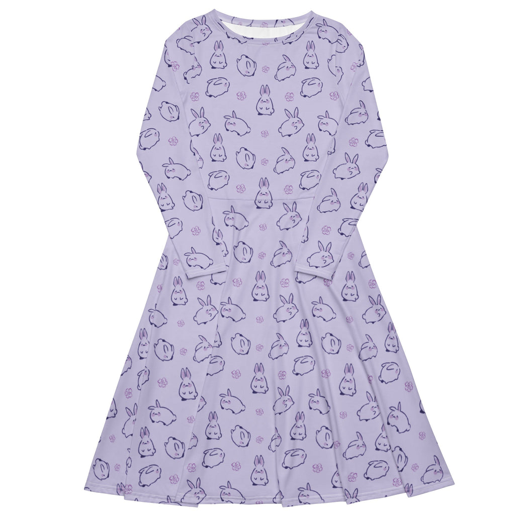 Nerdy Lilac Anime Bunnies Long Sleeve Midi Dress