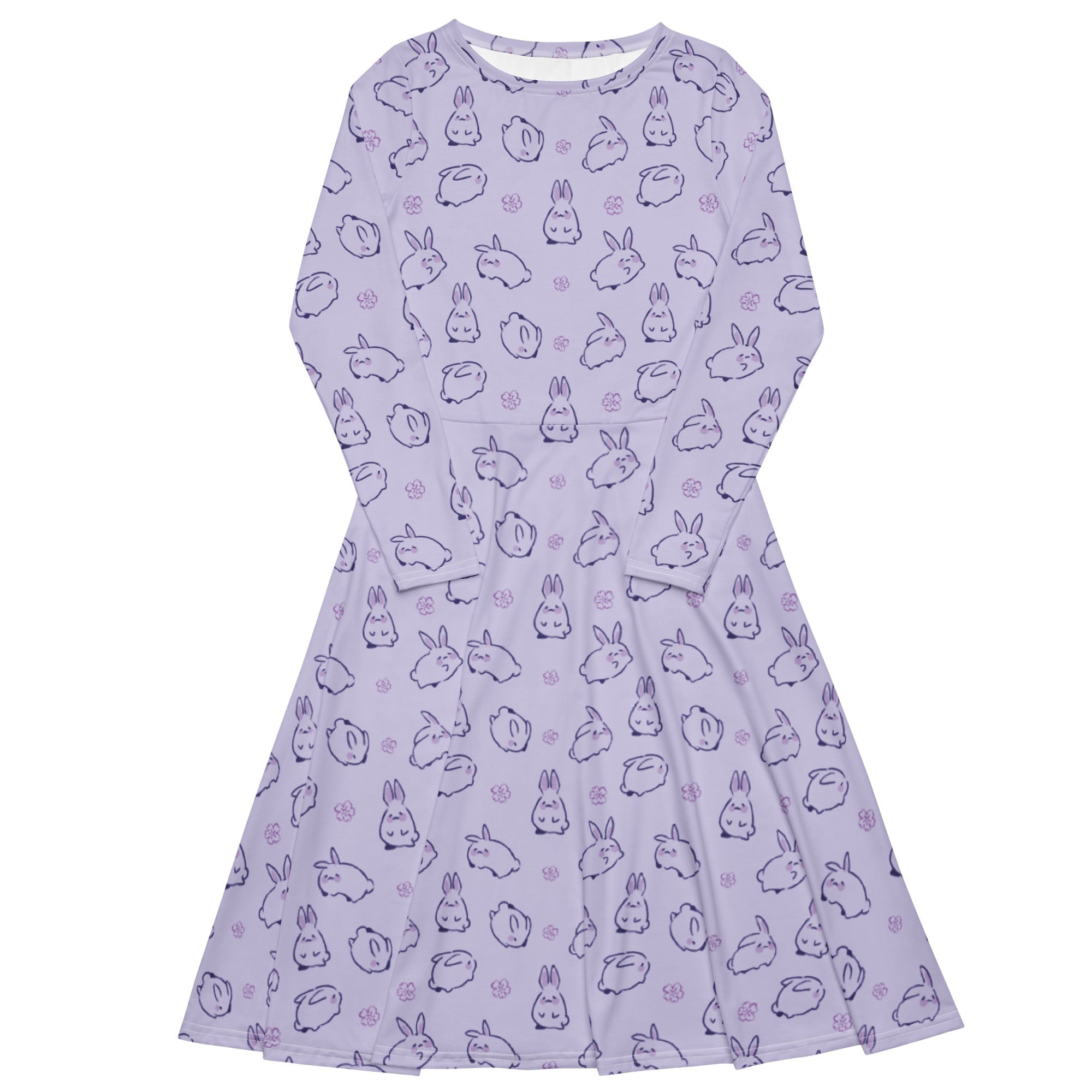 Nerdy Lilac Anime Bunnies Long Sleeve Midi Dress