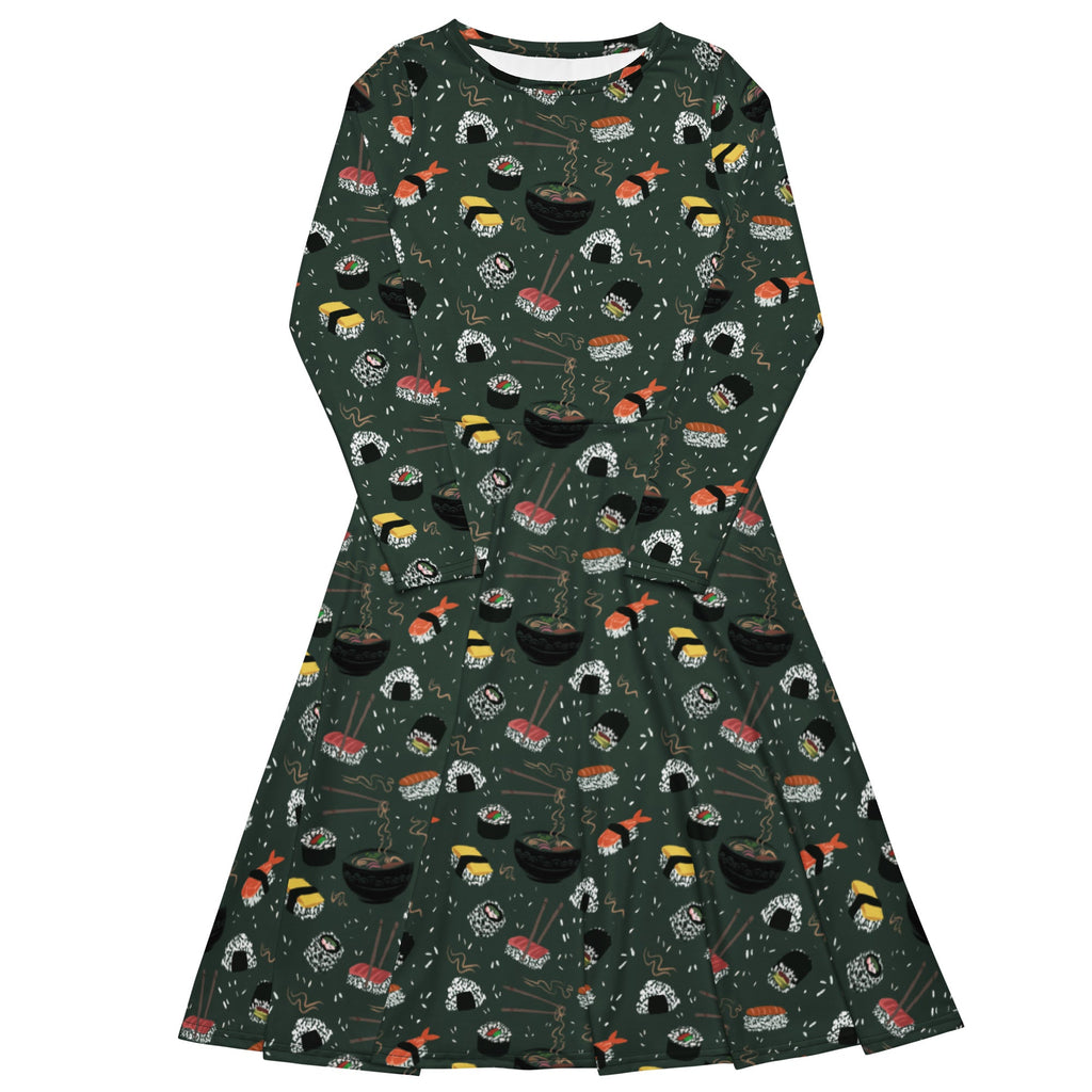 Nerdy Oishi Sushi Green Long Sleeve Midi Dress