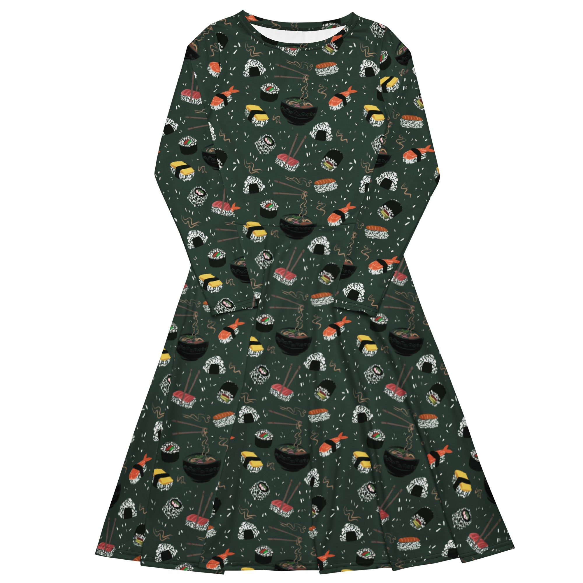 Nerdy Oishi Sushi Green Long Sleeve Midi Dress