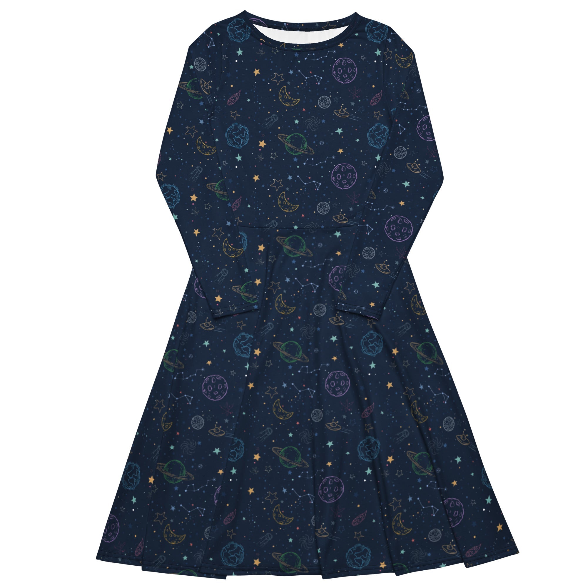 Nerdy Space Doodles Blue Long Sleeve Midi Dress