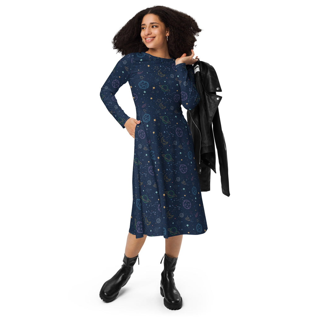 Nerdy Space Doodles Blue Long Sleeve Midi Dress