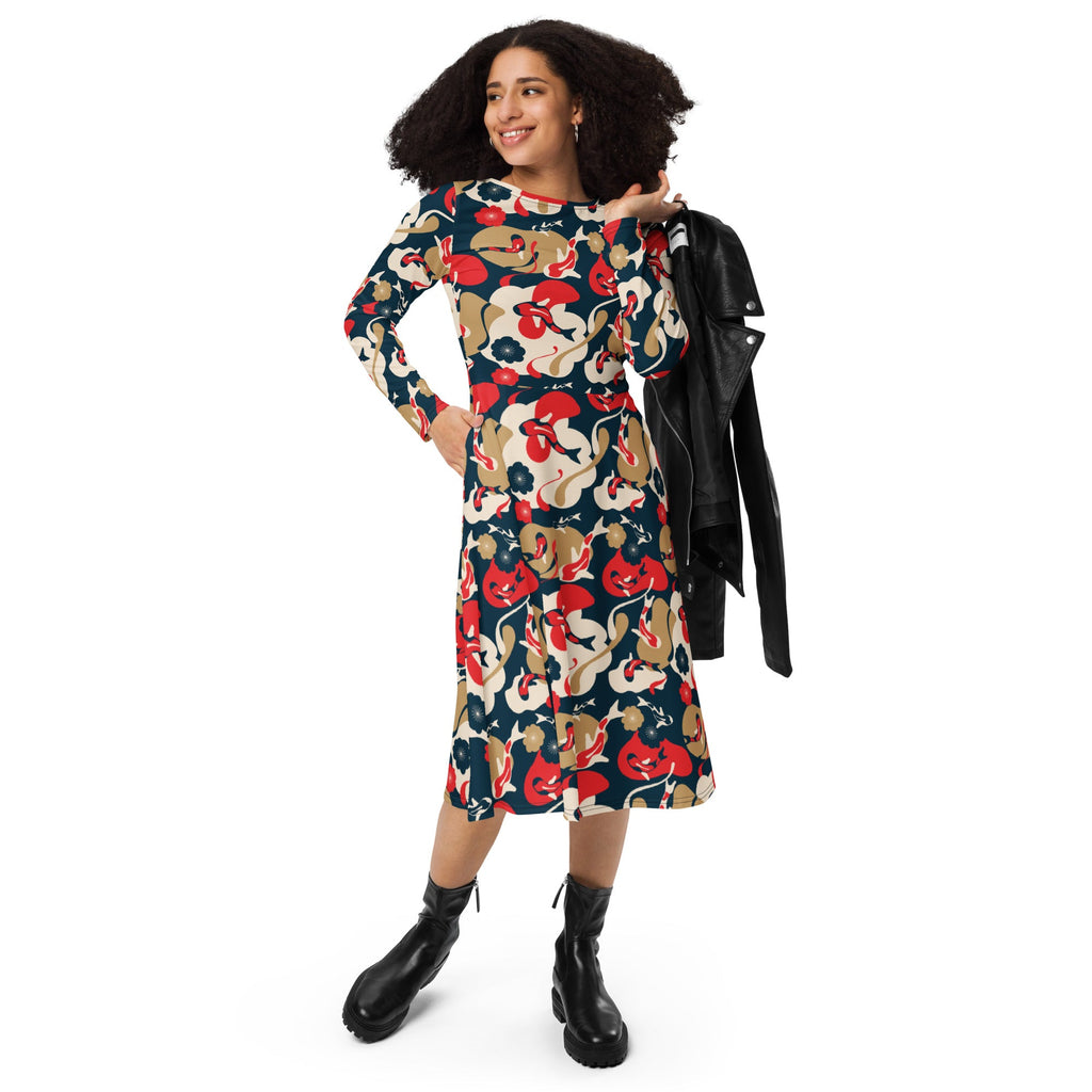 Nerdy Modern Koi Long Sleeve Midi Dress