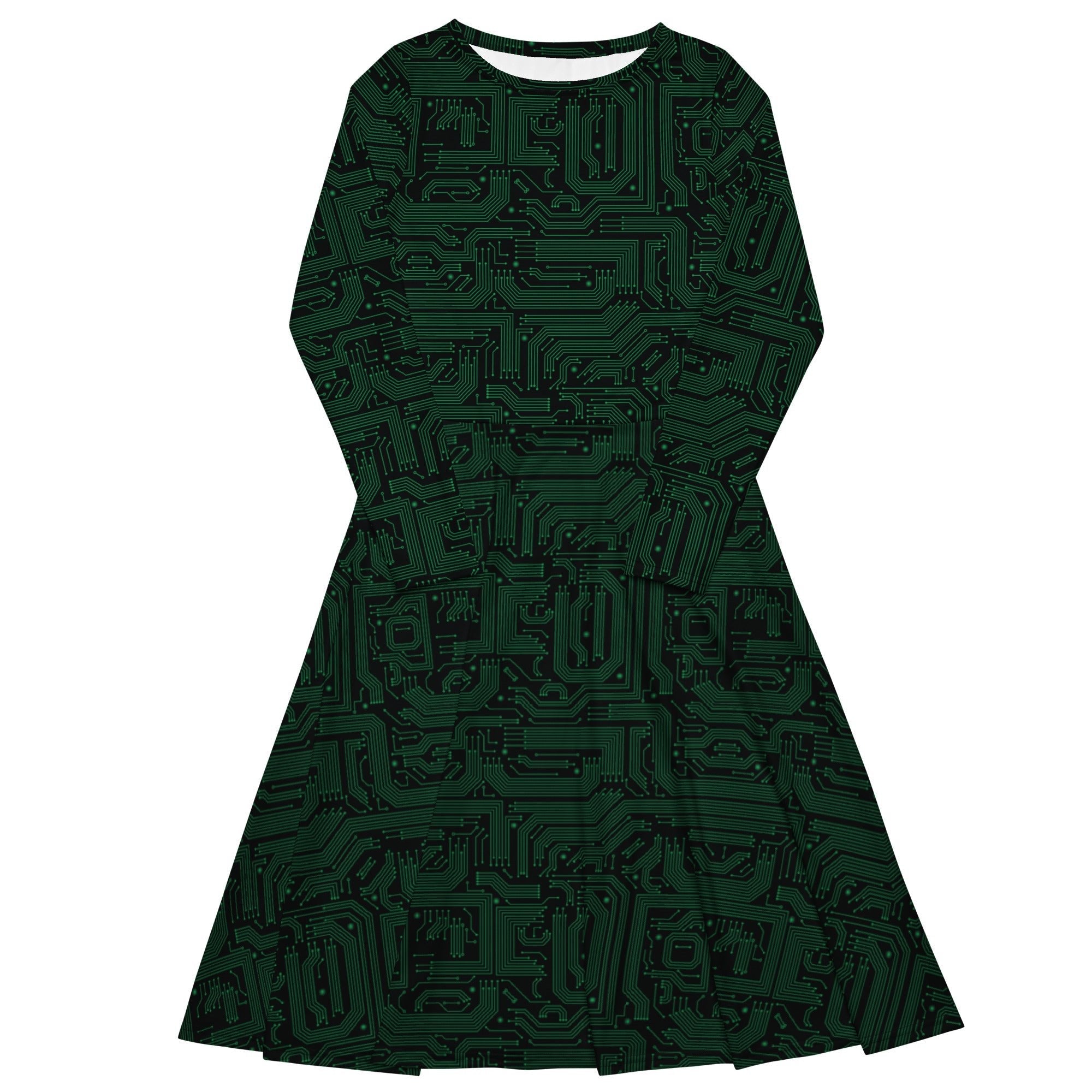 Nerdy Green Computer Circuits Long Sleeve Midi Dress