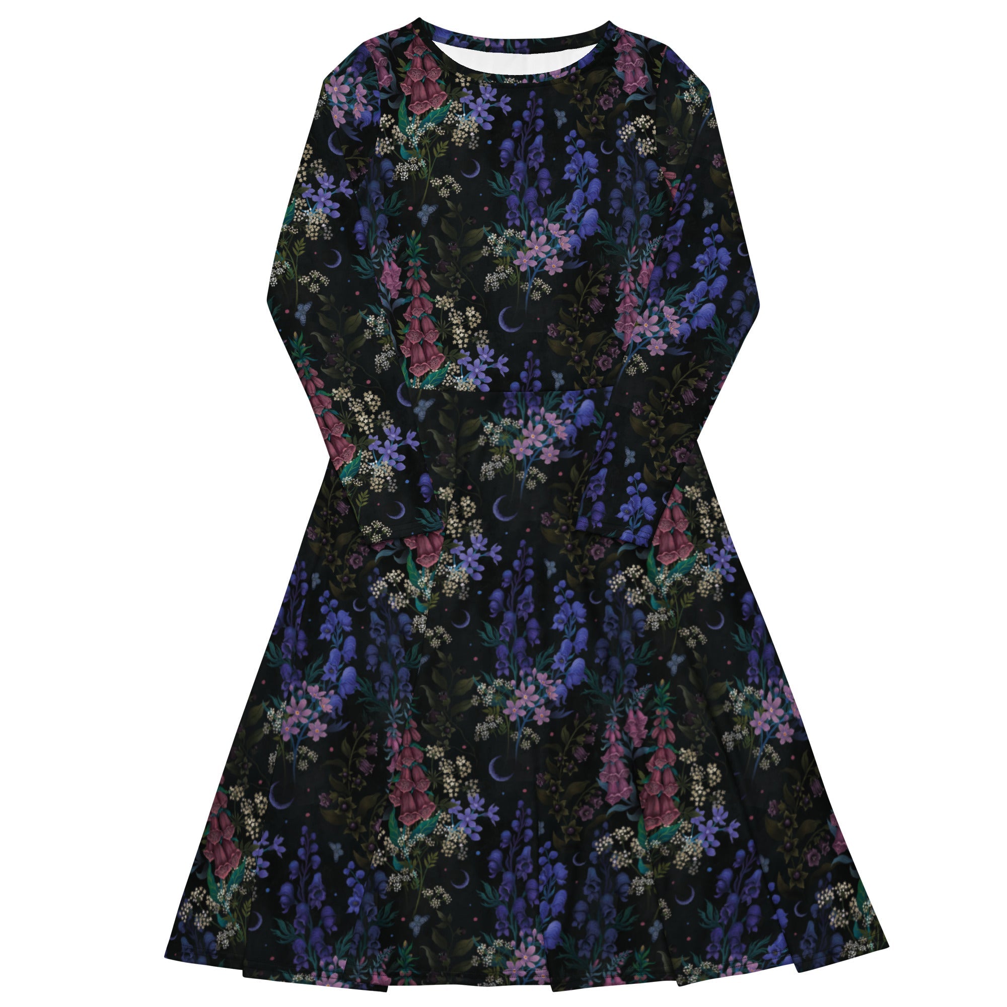 Nerdy Floral Purple Night Long Sleeve Midi Dress