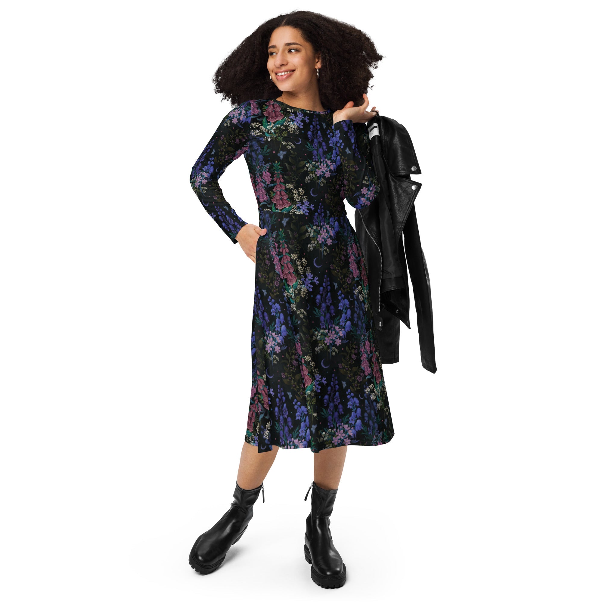 Nerdy Floral Purple Night Long Sleeve Midi Dress