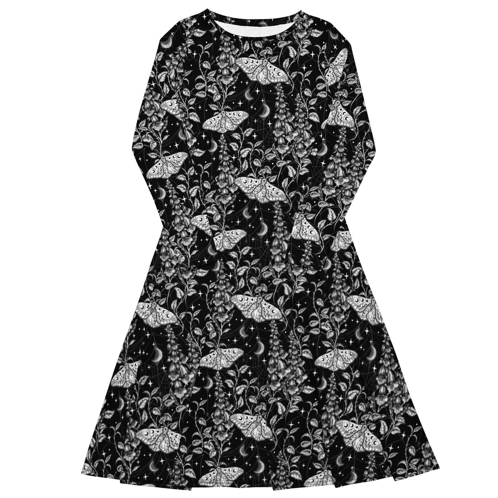 Nerdy Episodic Moth Black White Night Long Sleeve Midi Dress