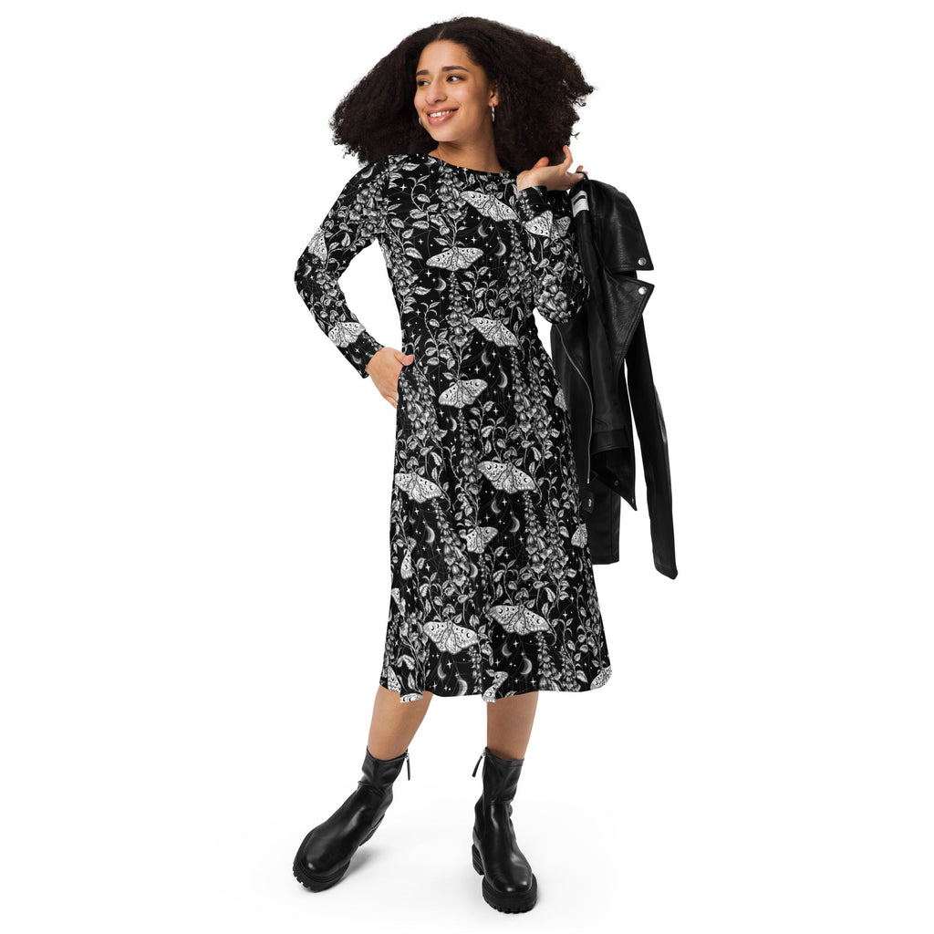 Nerdy Episodic Moth Black White Night Long Sleeve Midi Dress