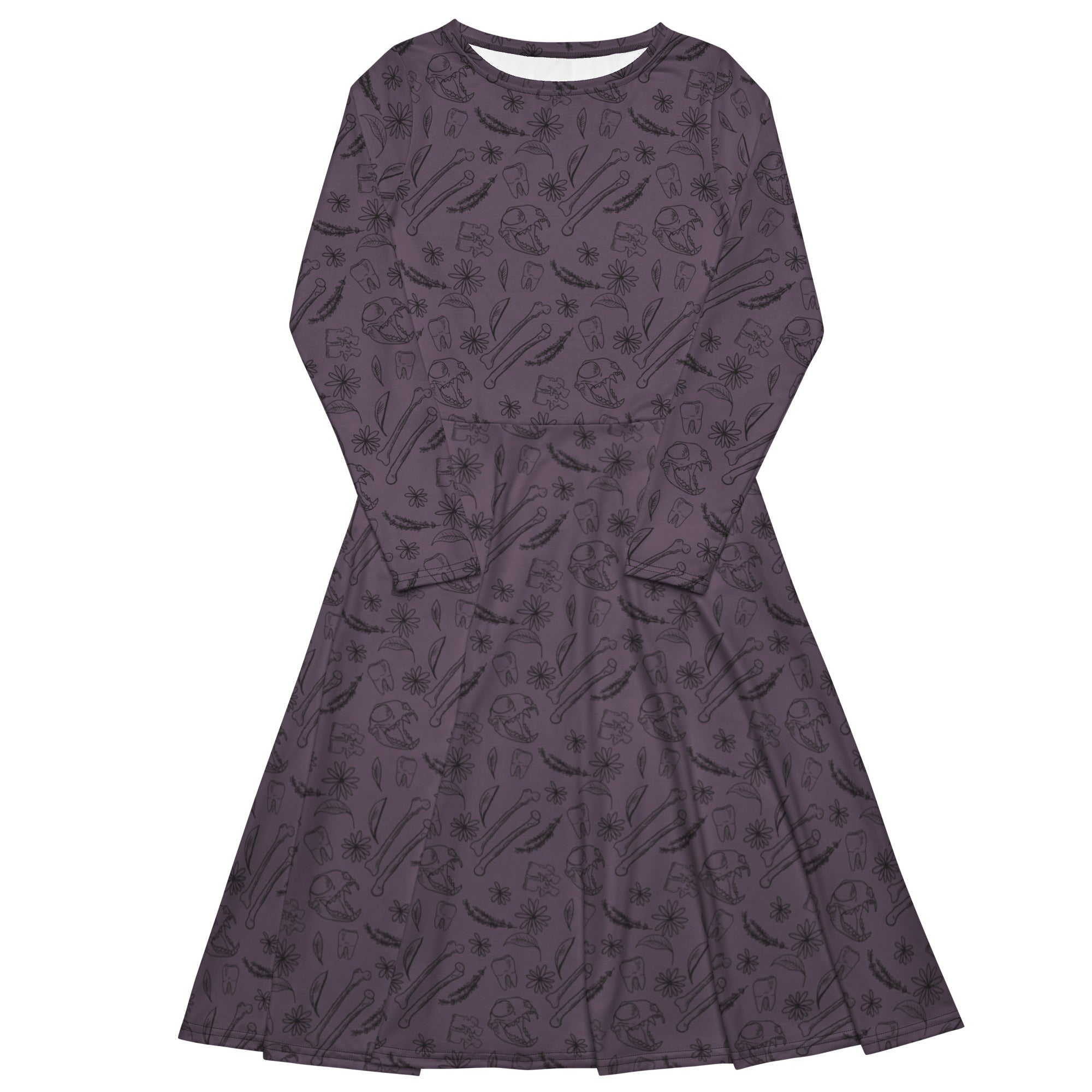Nerdy Bones and Flowers Purple Long Sleeve Midi Dress