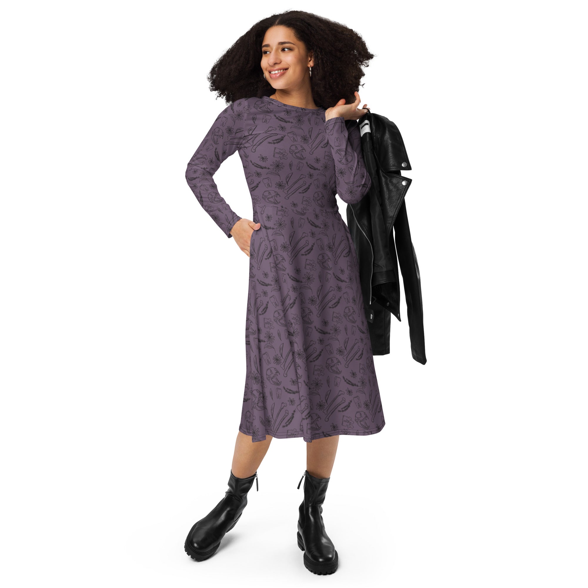 Nerdy Bones and Flowers Purple Long Sleeve Midi Dress