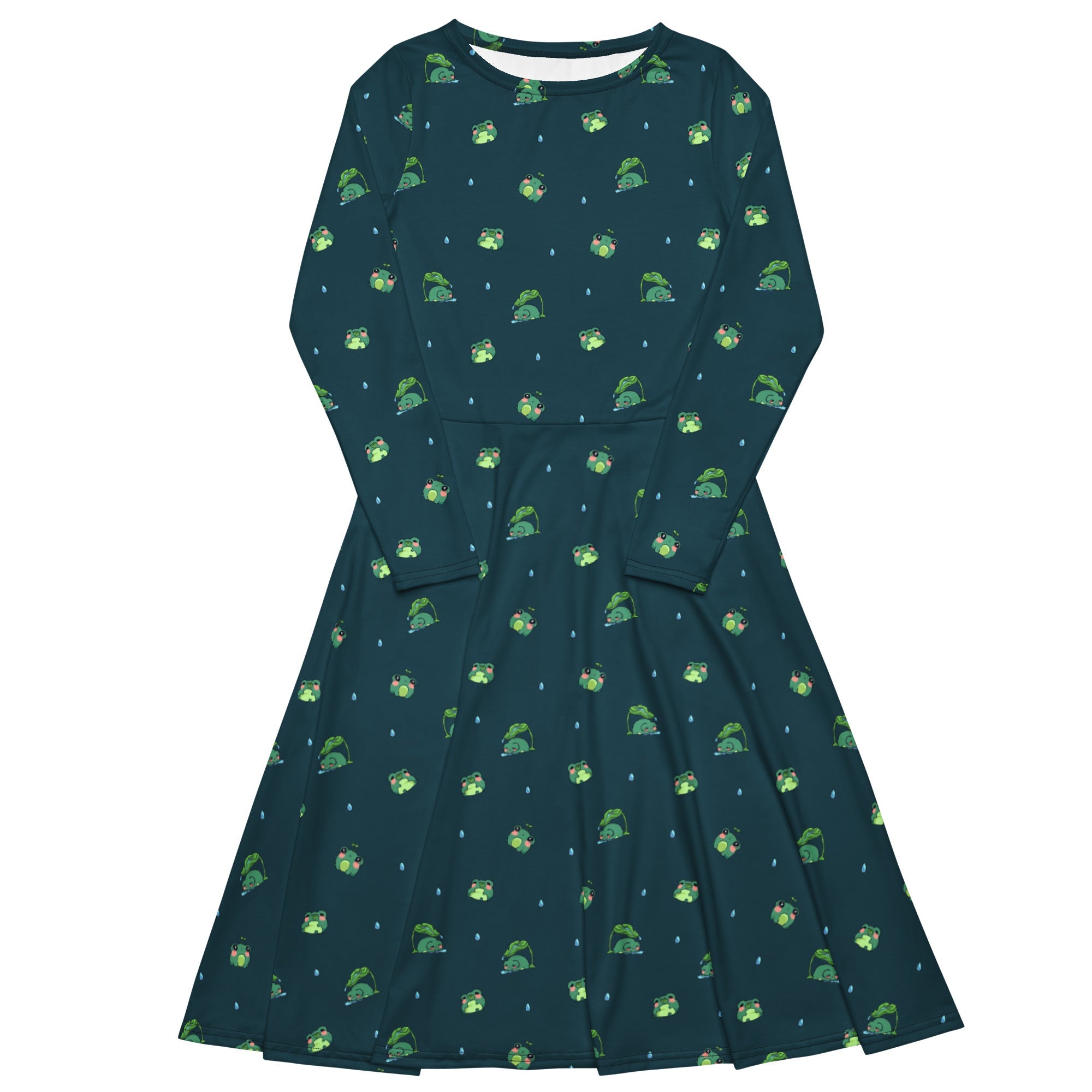 Nerdy Raining Frogs Dark Teal Long Sleeve Midi Dress