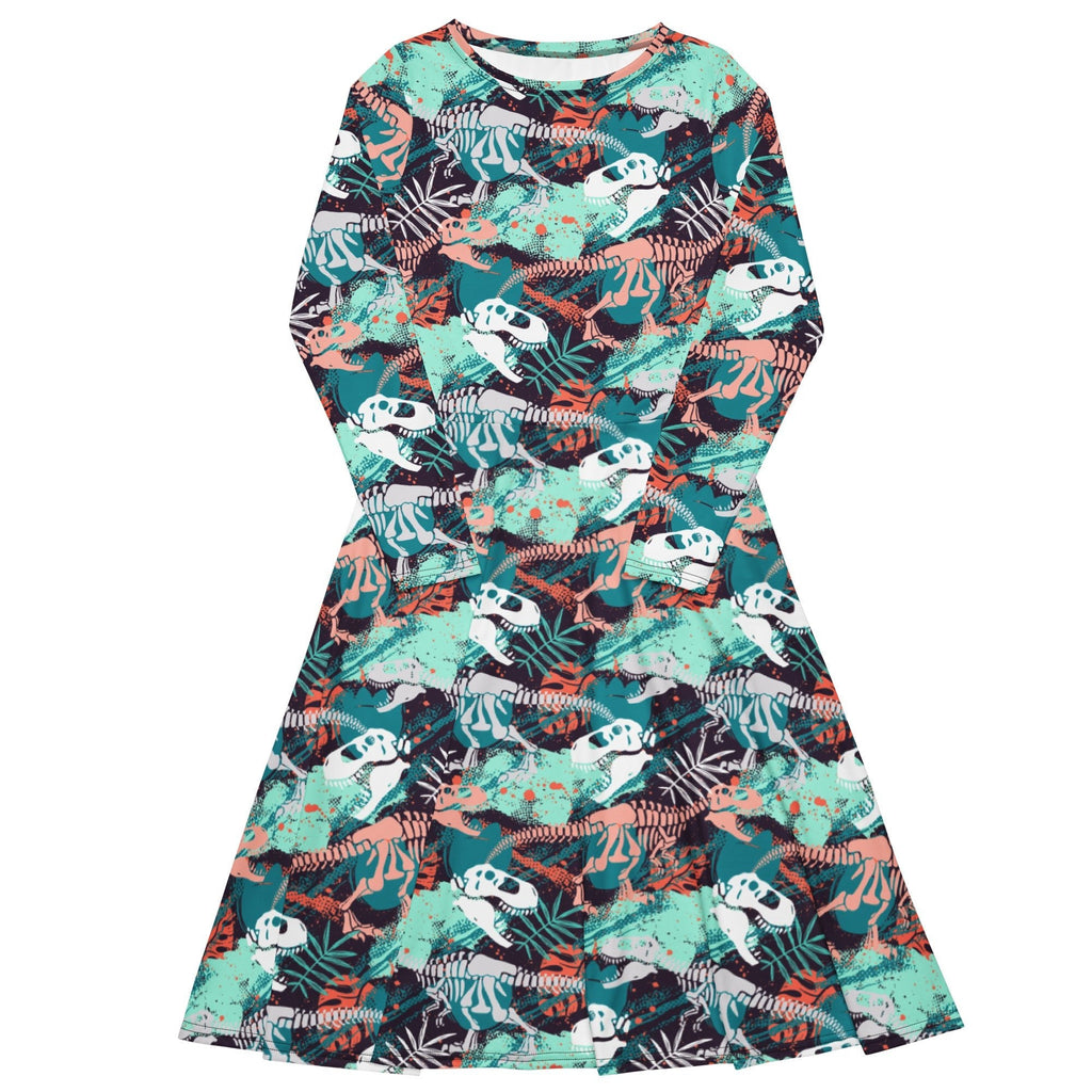 Nerdy T - Rex Bones Footprints Green Long Sleeve Midi Dress