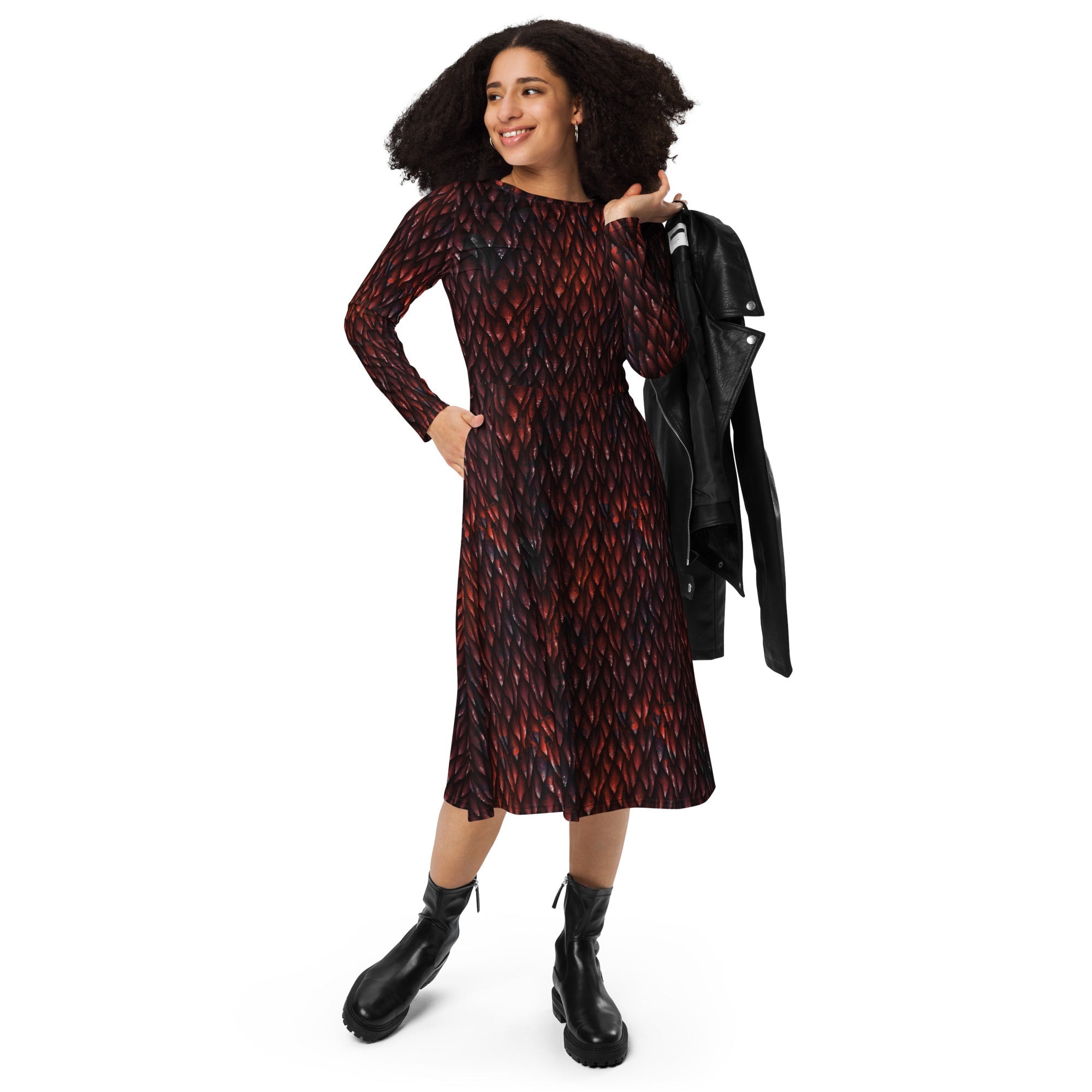 Nerdy Red Dragon Scales Dnd Long Sleeve Midi Dress