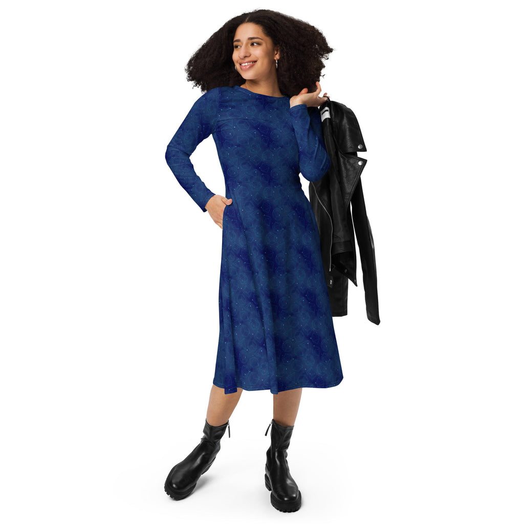 Nerdy Space RPG Dice Blue Dnd Long Sleeve Midi Dress