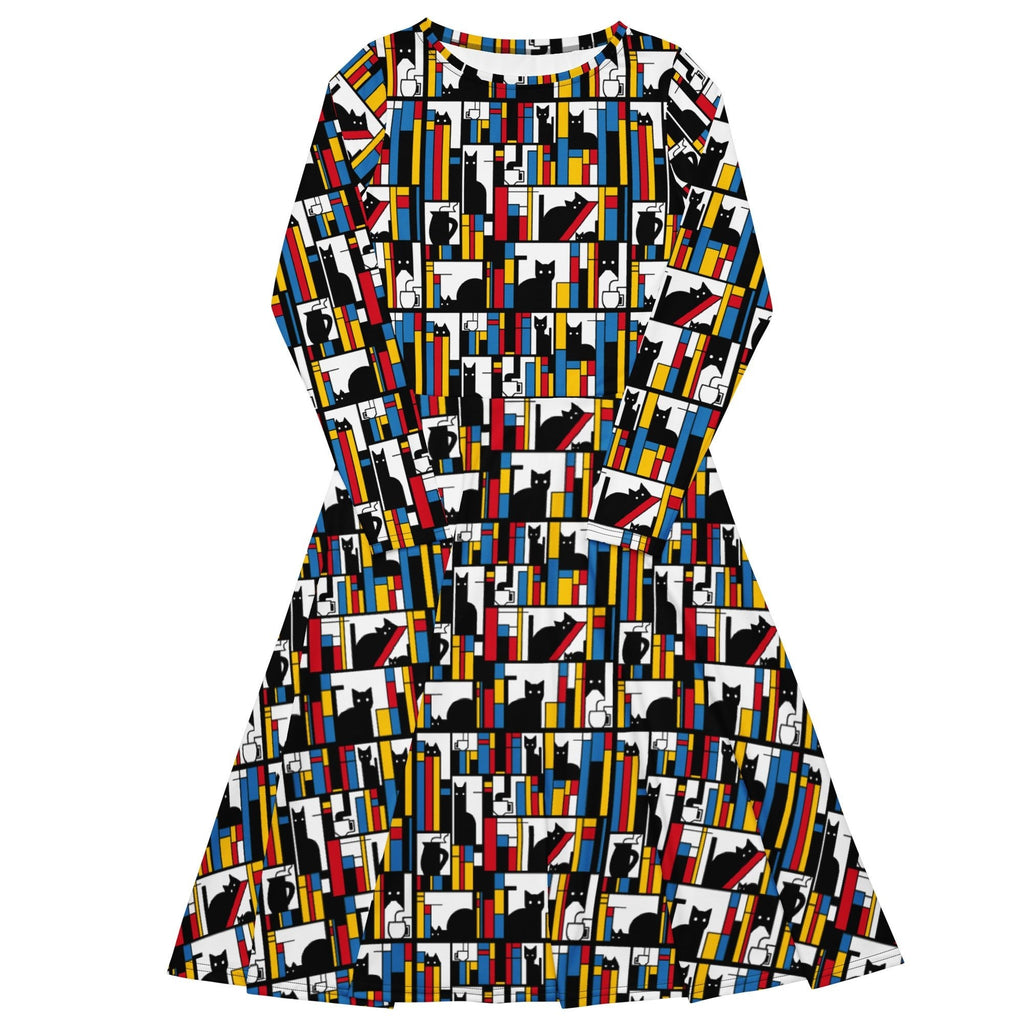 Nerdy Mondrian Cat Library Long Sleeve Midi Dress