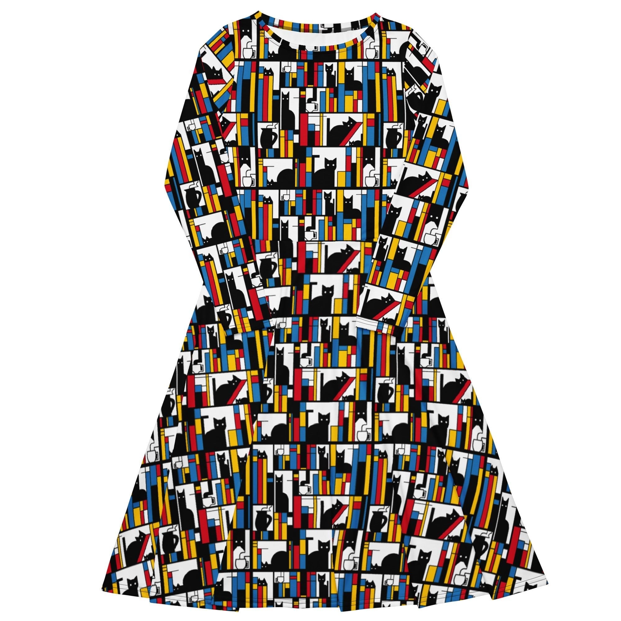 Nerdy Mondrian Cat Library Long Sleeve Midi Dress