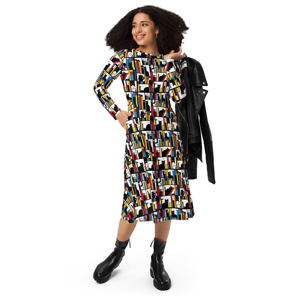 Nerdy Mondrian Cat Library Long Sleeve Midi Dress