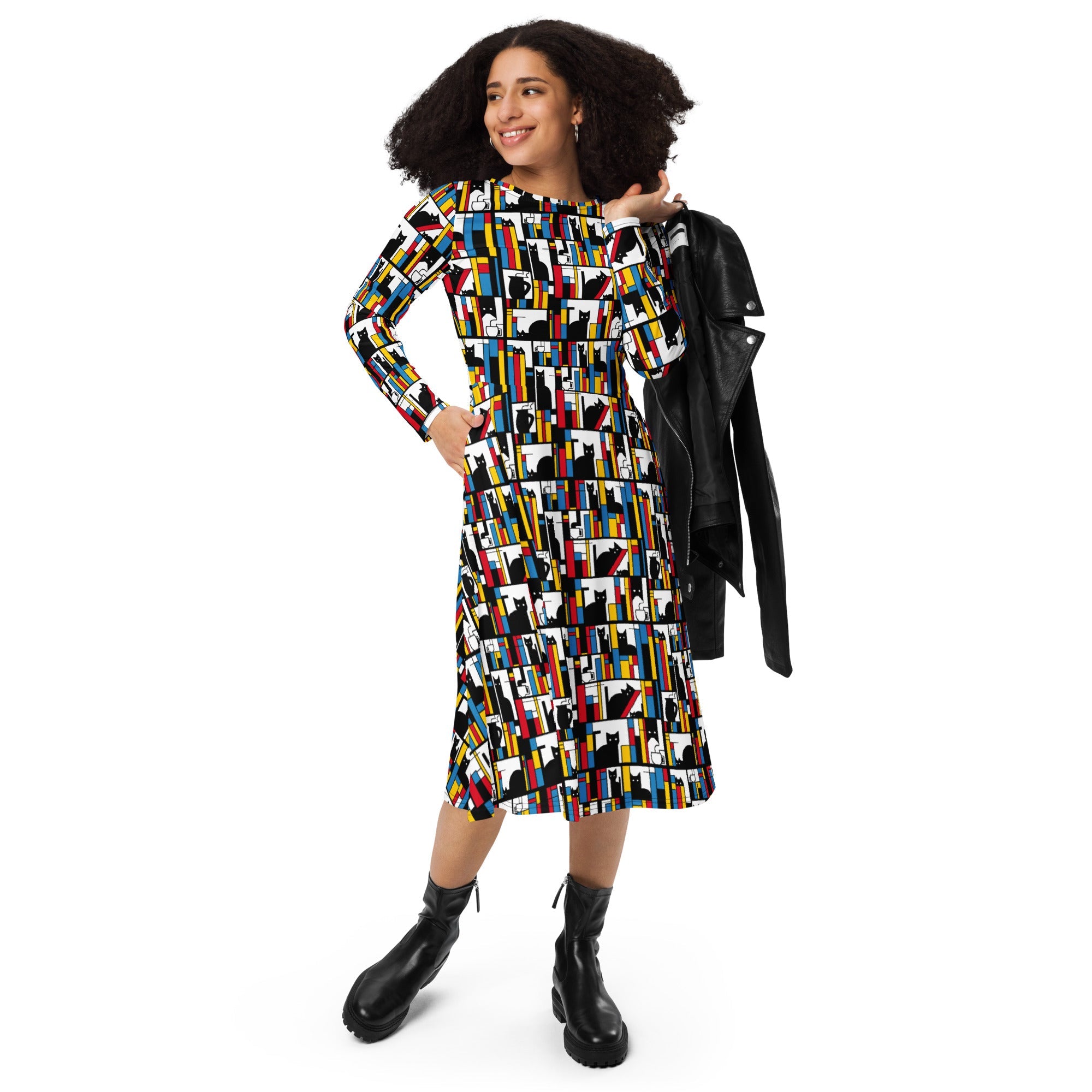 Nerdy Mondrian Cat Library Long Sleeve Midi Dress