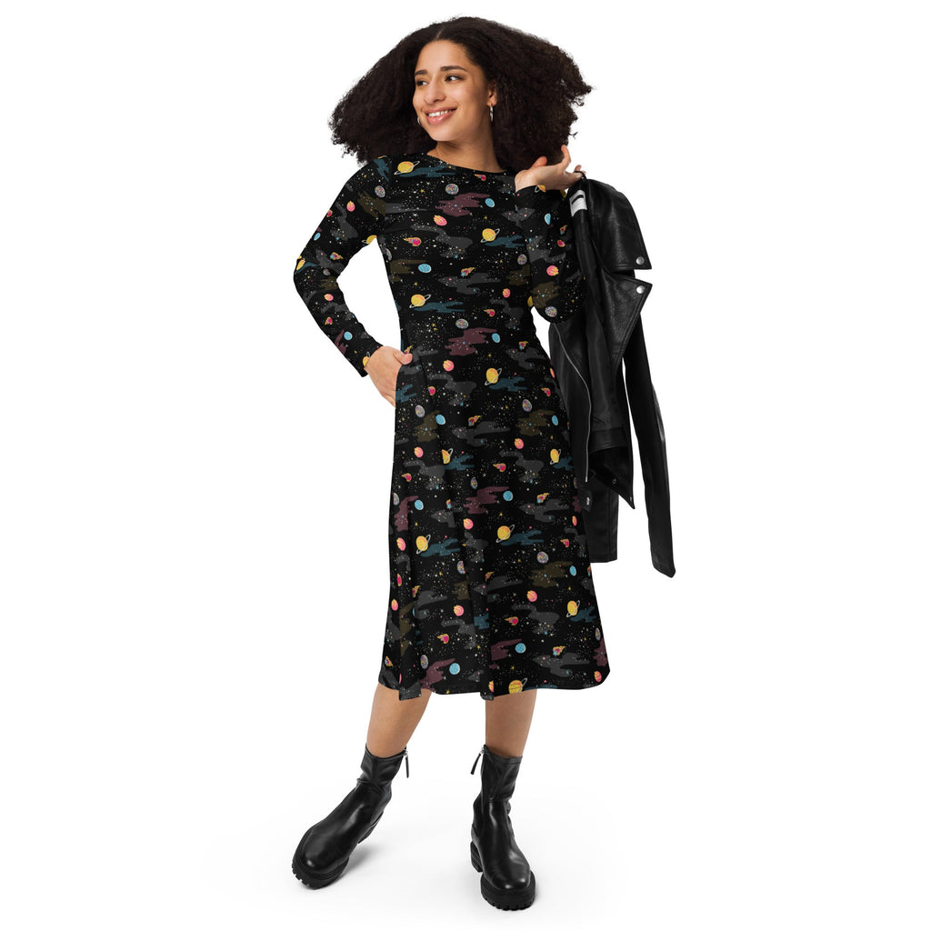 Nerdy A Starry Galaxy Outer Space Long Sleeve Midi Dress
