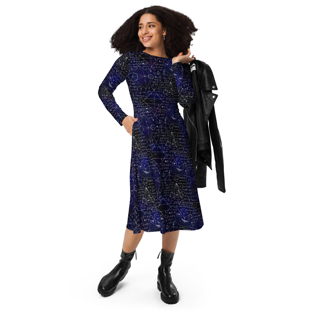 Nerdy Math And Physics Space Long Sleeve Midi Dress