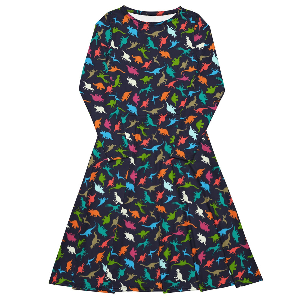 Nerdy Colorful Dinosaur Silhouettes Navy Long Sleeve Midi Dress