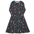 Nerdy Colorful Dinosaur Silhouettes Navy Long Sleeve Midi Dress