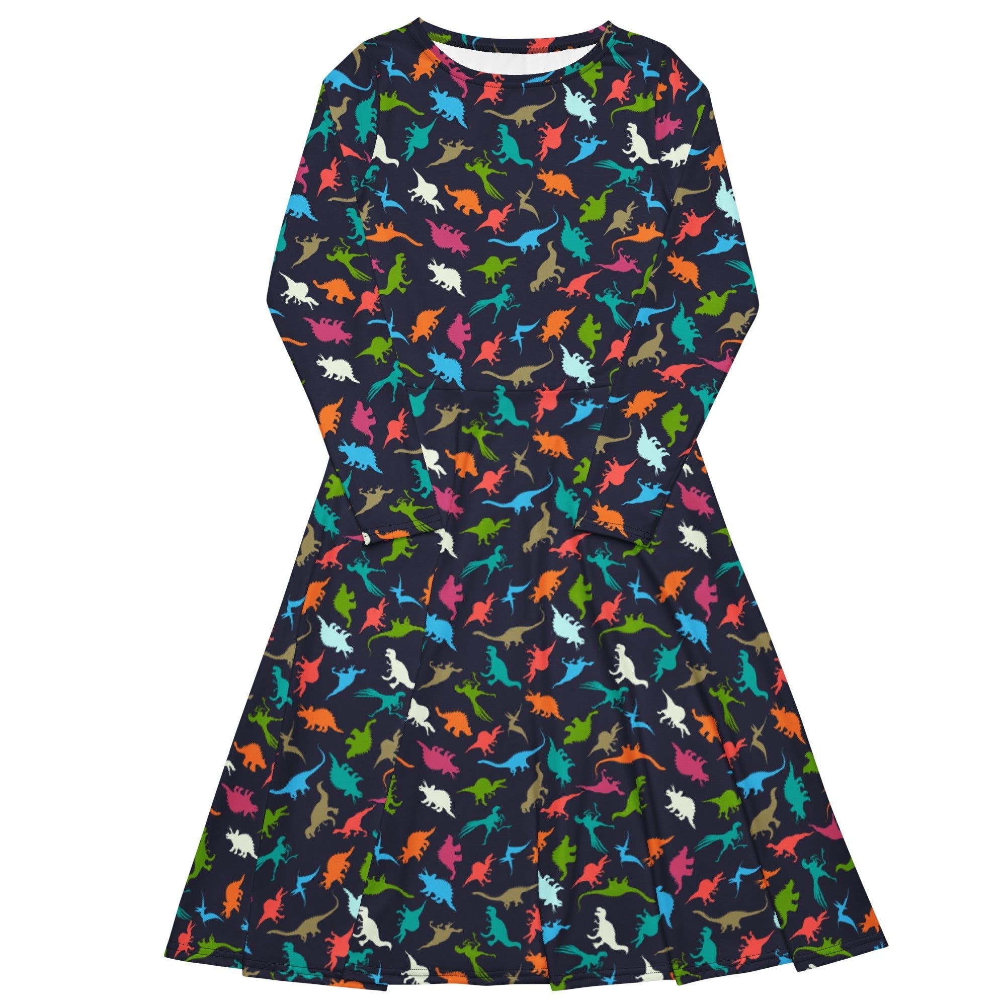 Nerdy Colorful Dinosaur Silhouettes Navy Long Sleeve Midi Dress
