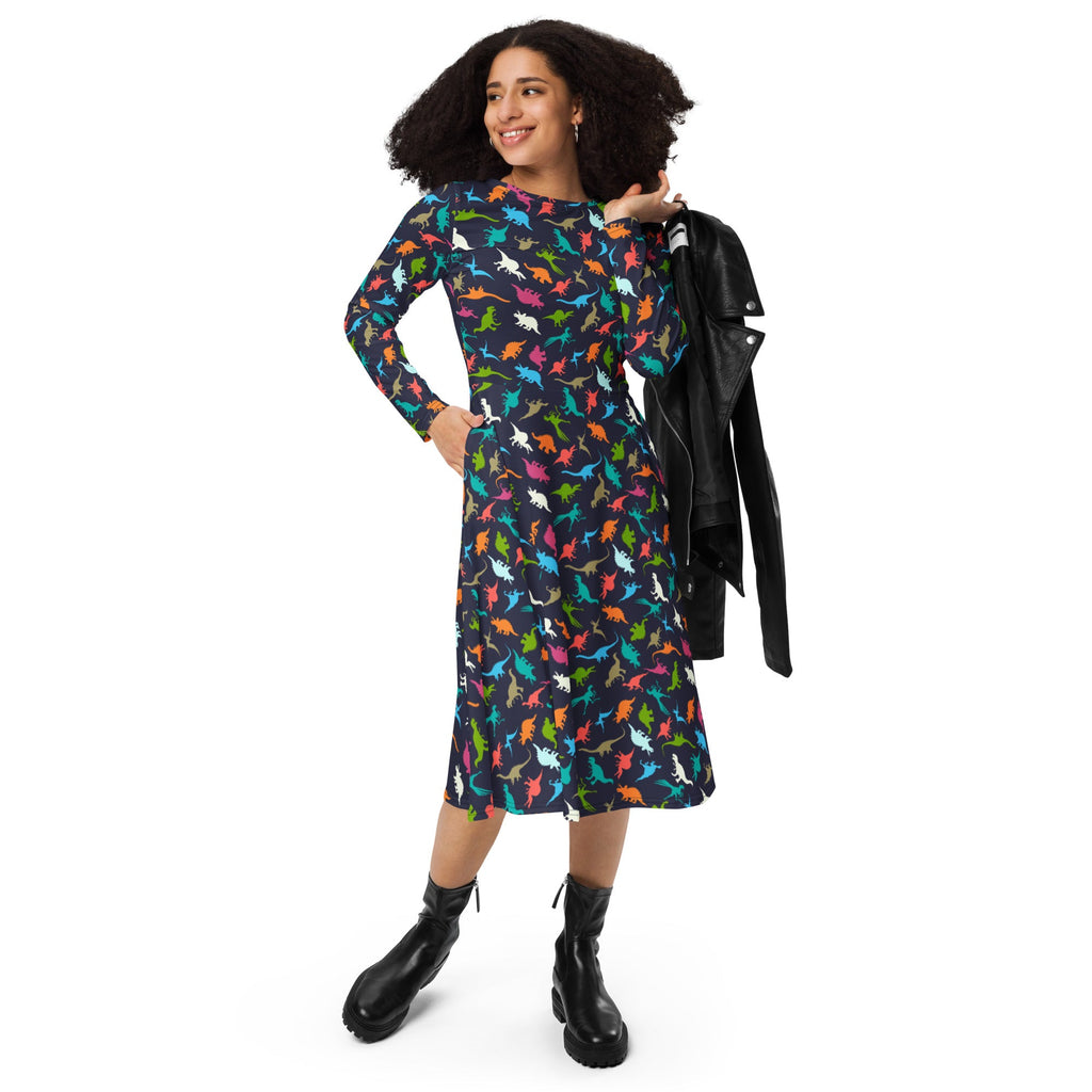 Nerdy Colorful Dinosaur Silhouettes Navy Long Sleeve Midi Dress