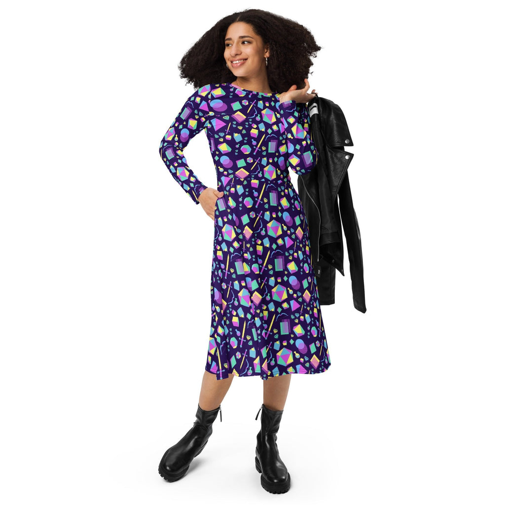 Nerdy Tabletop RPG Weapons Items Purple Blue Dnd Long Sleeve Midi Dress