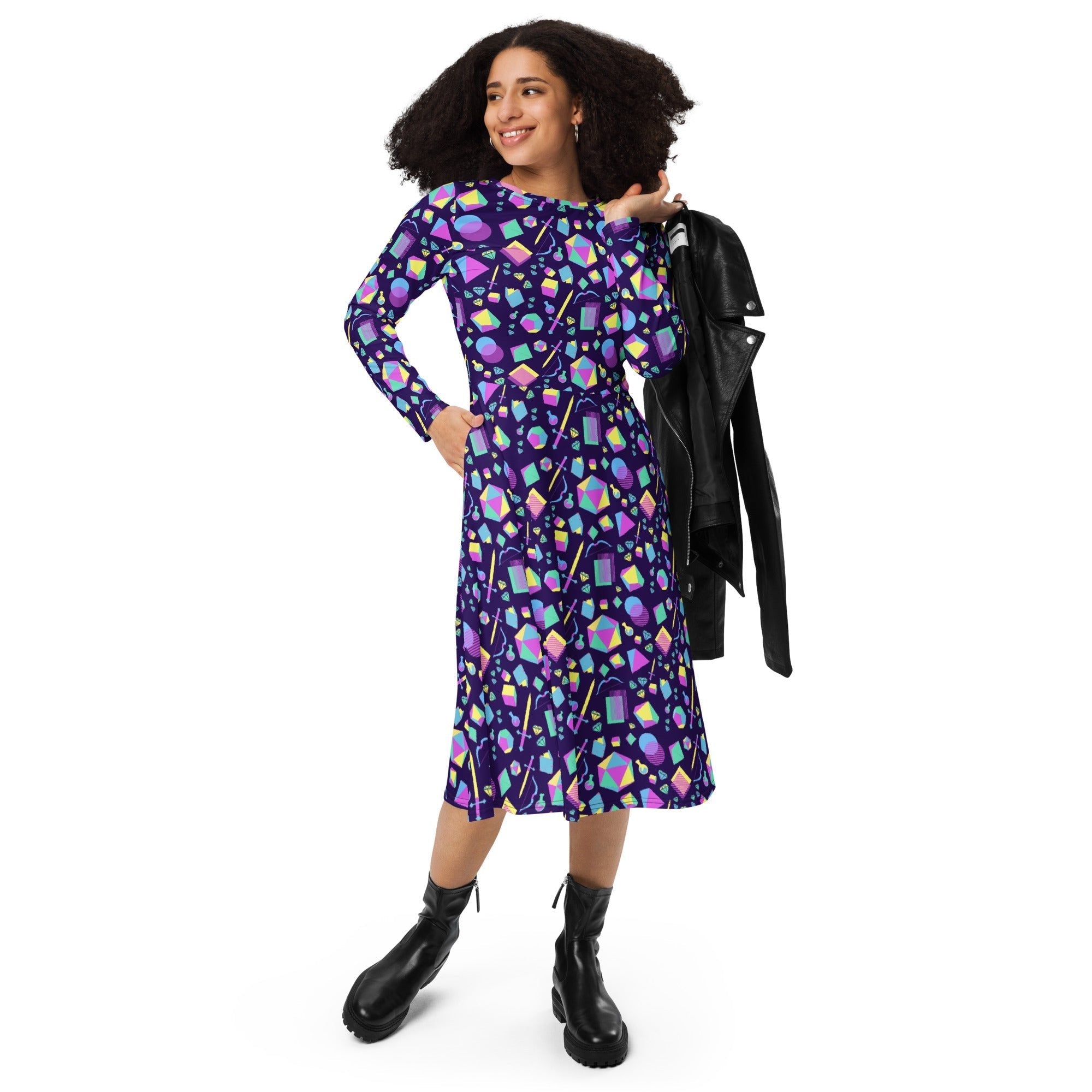 Nerdy Tabletop RPG Weapons Items Purple Blue Dnd Long Sleeve Midi Dress