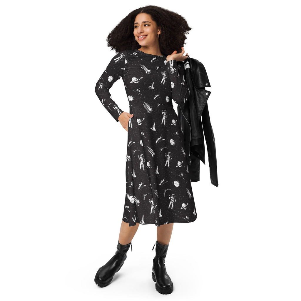 Nerdy Space Mission Black Outer Space Long Sleeve Midi Dress