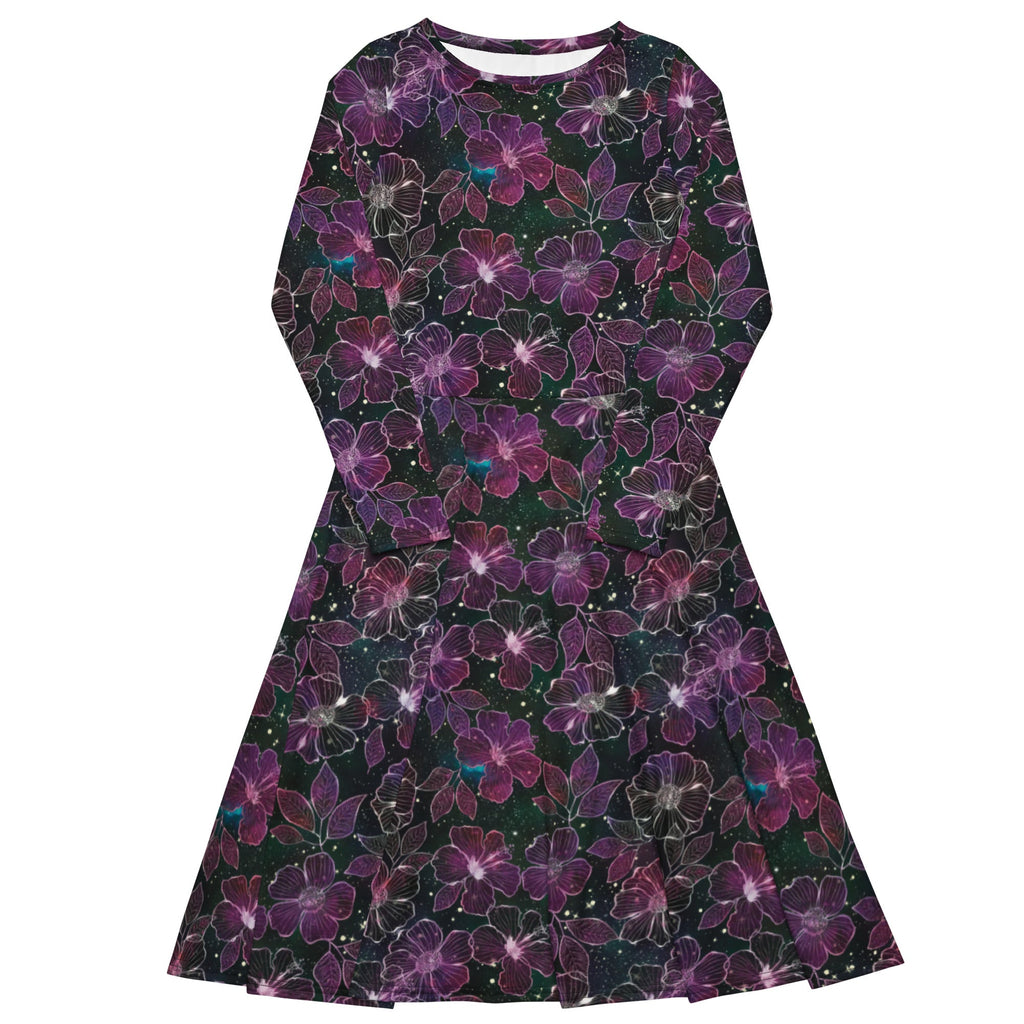 Nerdy Hawaiian Blooms Space Long Sleeve Midi Dress