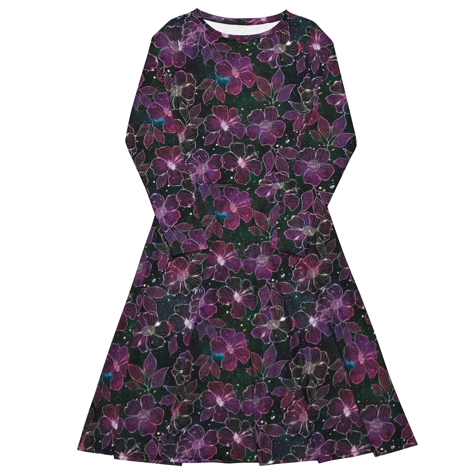 Nerdy Hawaiian Blooms Space Long Sleeve Midi Dress